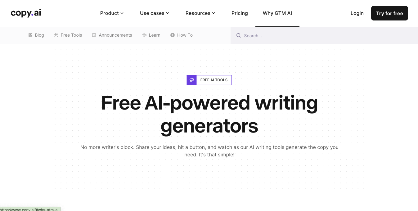Free AI content writer on the Copy.ai homepage