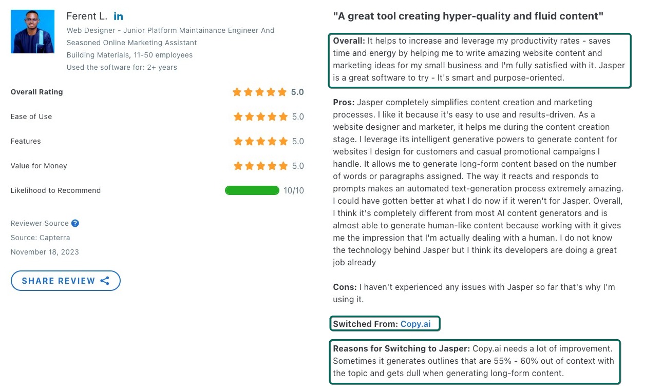 Jasper review for AI content creation