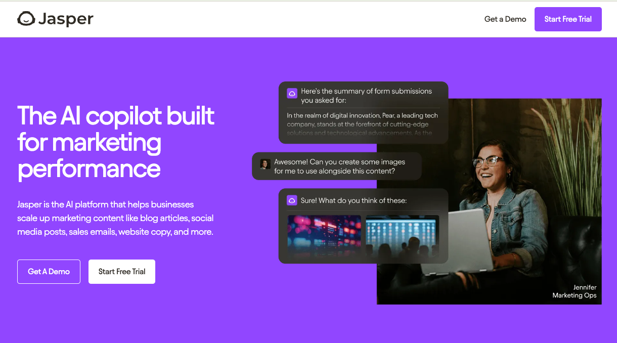 Free AI content writer on the Jasper homepage