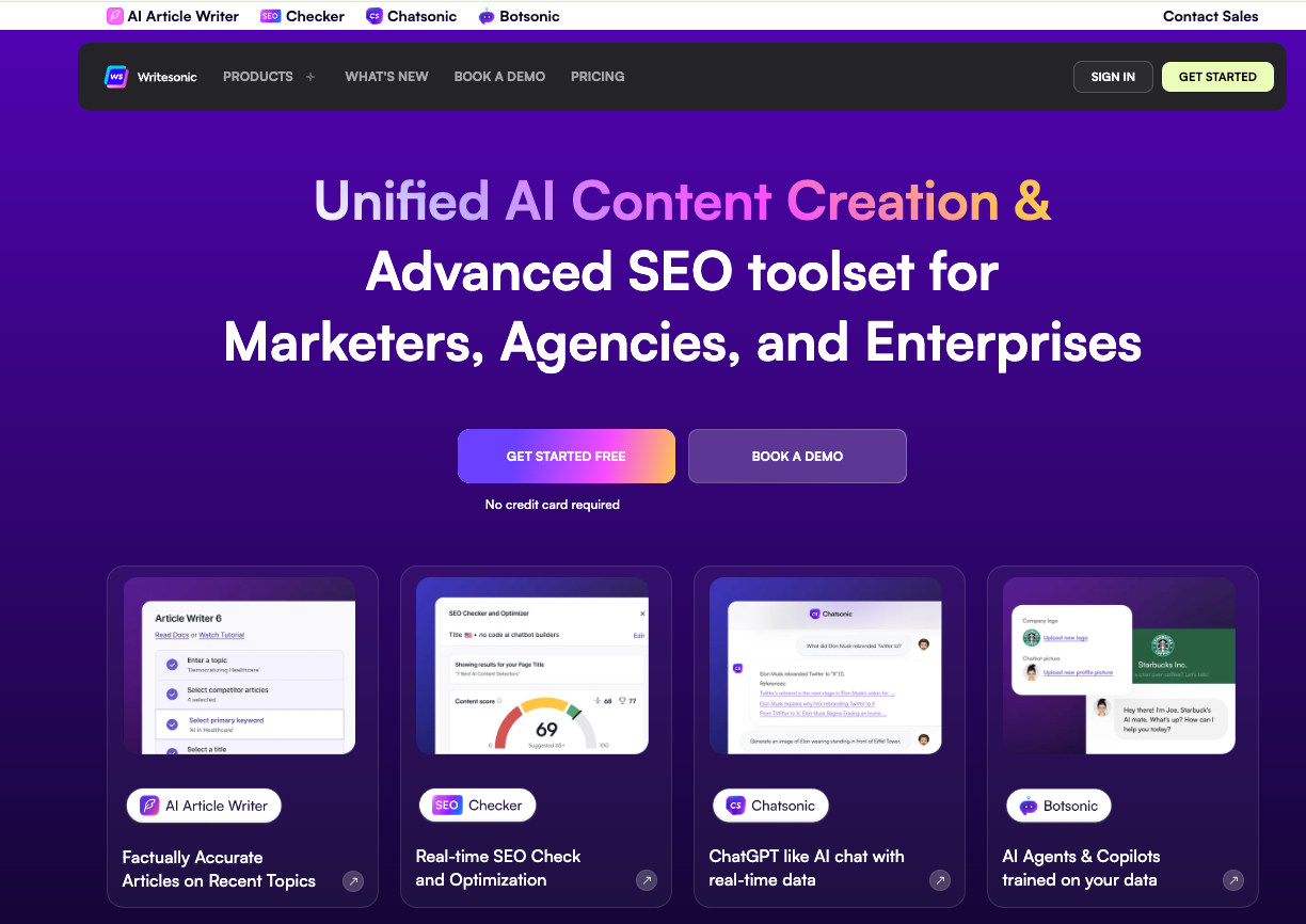 Free AI content writer on the Writesonic homepage