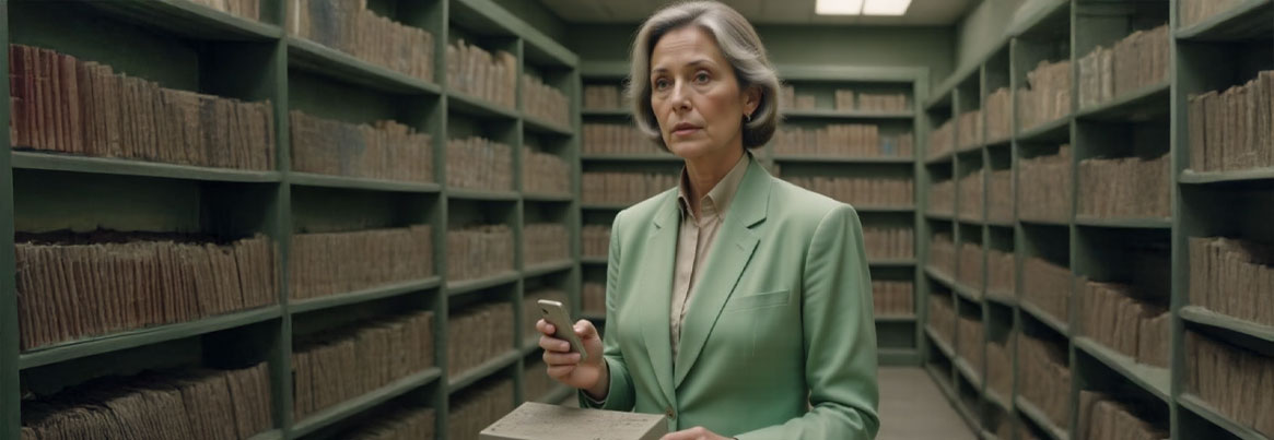 A woman in a green suit holding a keyboard and smartphone inside an old library, symbolizing the rise of AI-generated content in Wikipedia