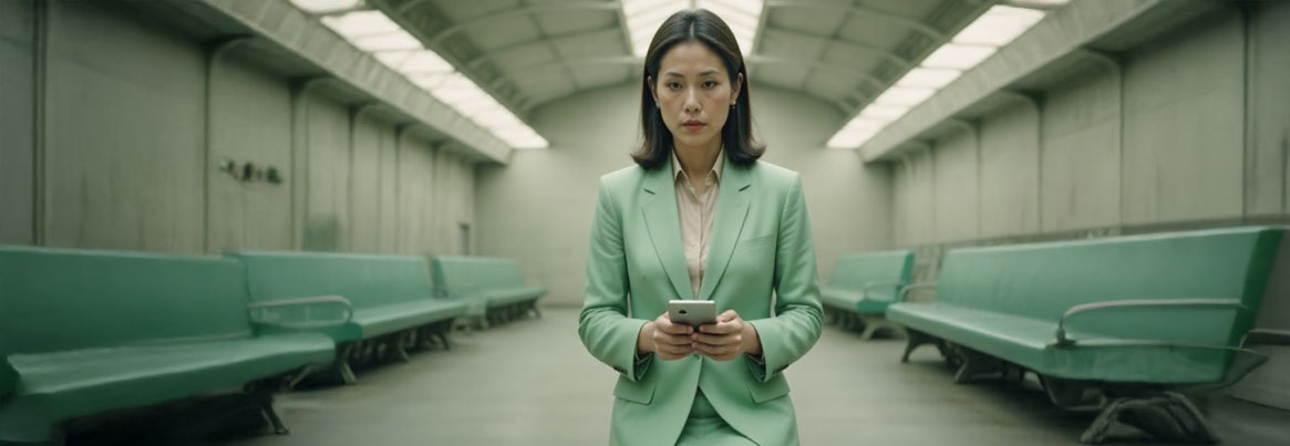Person in a pastel green suit sitting at a vintage desk, typing prompts into a laptop with floating text bubbles, representing prompt for human written content.