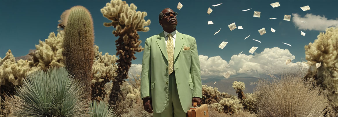 A man in a suit standing in a desert, representing the creative process of AI brainstorming to find breakthrough ideas.