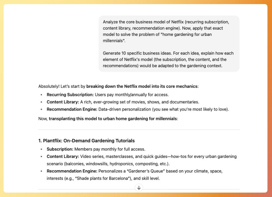 A screenshot showing an AI brainstorming session using the 'Alternative Worlds' framework to apply Netflix's model to gardening ideas.