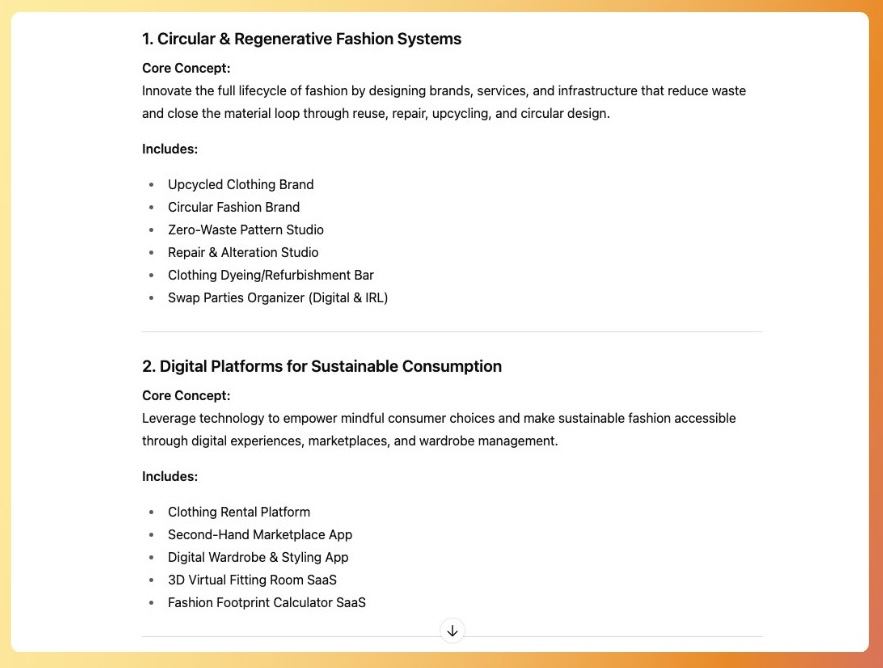 A screenshot showing the convergence phase of AI brainstorming, where an AI is categorizing a list of raw ideas into strategic themes.