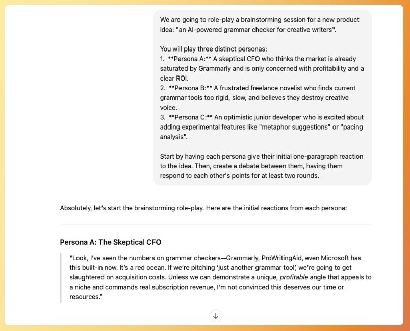 A screenshot of an AI brainstorming debate using the 'Role-Play Room' framework, with an AI playing a skeptical CFO.